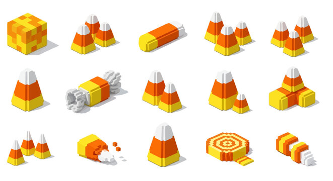 Halloween Icons Set of Isometric Voxel Art Collection of Blocky Halloween Candy Corn Sweets. Vector Illustrations. EPS Editable