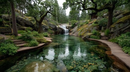 Obraz premium Serene forest waterfall with clear water flowing into a natural pool surrounded by lush greenery and ancient trees, with a stone path winding alongside