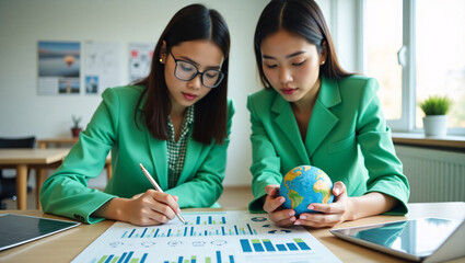 Two women in green suits work at a table, one writing on charts, the other holding a globe.