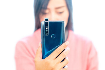 Woman Looking at Blue Smartphone Close Up (Isolated)