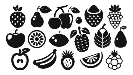 Vector art of diverse collection of fruit silhouettes, including apples, bananas, cherries, citrus, pineapple, pear, strawberry, and berries, presented on a clean white background