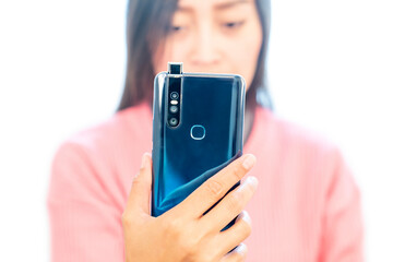 Woman Looking at Blue Smartphone Close Up (Isolated)