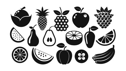 Vector art of set of black and white fruit icons, featuring pineapple, apple, banana, orange, plum, watermelon, blackberry, and more, isolated on a white background
