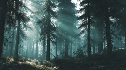 Obraz premium Misty forest scene with tall trees illuminated by soft sunlight beams, creating a tranquil atmosphere.