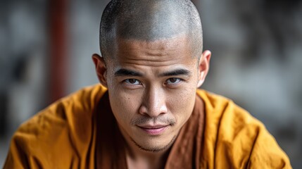 Fototapeta premium A close-up of a Shaolin monk face displaying a strong combination of inner resolve and peacefulness
