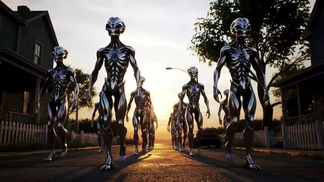 Metallic aliens invade suburban street at sunset