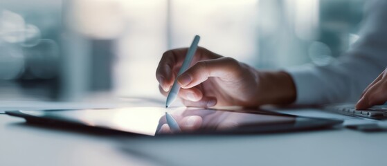 The hand using a stylus on a tablet in a modern workspace environment.