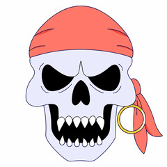 Cartoon pirate skull with a red bandana and a gold earring representing danger and adventure