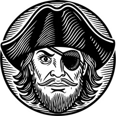 Circular woodcut style illustration of a fierce pirate captain wearing a tricorn hat and an eye patch