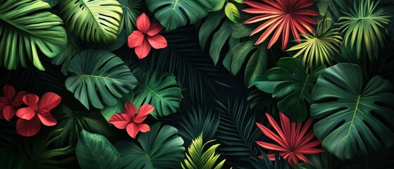Lush Tropical Foliage with Vibrant Red Flowers