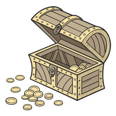 Open wooden treasure chest overflowing with gold coins and scattered on a white background