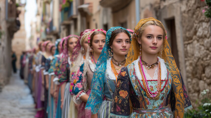 Fototapeta premium Women wearing lace veils and traditional dresses at La Mare de Déu de la Salut festival, highlighting Spain’s heritage, customs, and cultural pride