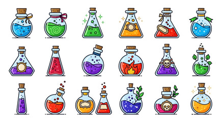 Fototapeta premium Halloween Icons Set of Vibrant Collection of Cartoon Magic Potion Icons in Assorted Glass Bottles and Flasks. Vector Illustrations. EPS Editable