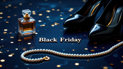 Black Friday sale concept with luxury items in a glamorous style, in black, gold, and dark blue colors, representing shopping, discounts, and holiday promotions with text overlay.

