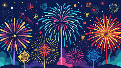 Naklejka premium Vector art of a spectacular fireworks display illuminates the dark night sky with bursts of color, symbolizing joy and celebration for holidays and special occasions