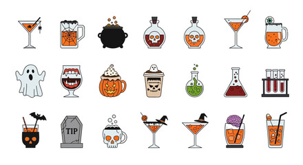Halloween Icons Set of Vibrant Halloween Icon Set Featuring Spooky Cocktails Potions and Ghoulish Characters. Vector Illustrations. EPS Editable