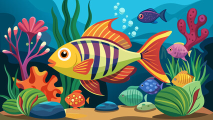 Obraz premium Vector art of a vibrant underwater scene featuring a large, colorful striped fish swimming amongst coral, seaweed, and smaller fish in a bright blue ocean environment