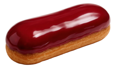 Eclair adorned with a mirror-like raspberry glaze, evenly covering the surface.