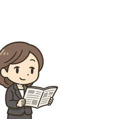 社内報を読みながら部下を見守るベテラン女性社員のイラスト