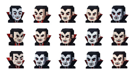 Halloween Icons Set of Voxel Art Vampire Heads A Grid of 3D Pixelated Dracula Character Variations. Vector Illustrations. EPS Editable