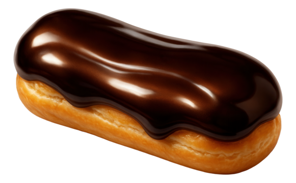 Eclair enveloped in a deep, glossy coffee glaze with a subtle sheen.