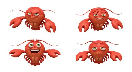 Four cartoon lobster characters with different expressions