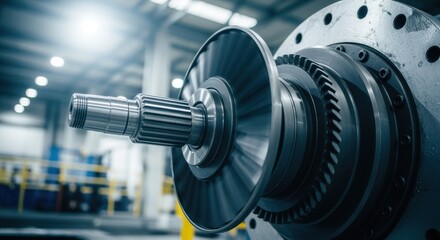 Fototapeta premium Energetic shot of mechanical turbine shaft rotating under factory lights.