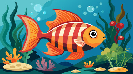 Vector art of a vibrant orange and red striped fish swims gracefully through a colorful underwater scene with green seaweed and coral, surrounded by bubbles in the blue ocean
