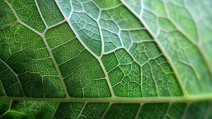 Close-up of a vibrant green leaf showcasing intricate vein patterns and textured surfaces.