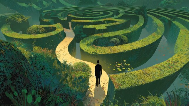 A lone figure stands at the entrance of a complex maze, contemplating the many winding paths and choices ahead.