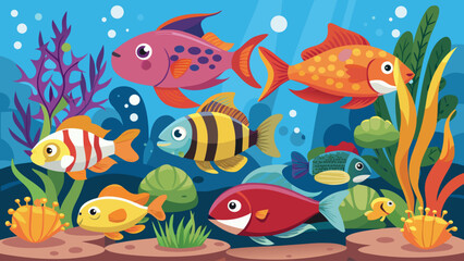 Fototapeta premium Vector art of an engaging underwater scene filled with a variety of colorful fish, aquatic plants, and coral formations set against a deep blue ocean backdrop