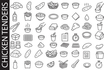 Fried Appetizers Vector Icon Set 🐔🧅: Chicken tenders, onion rings, fries, and dipping sauces. Perfect for bar menus, fast food, and food trucks.