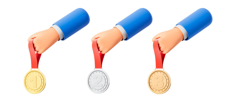 Three cartoon-style hands holding gold, silver, and bronze medals with red ribbons, isolated on white background. 3D Rendering concept of competition