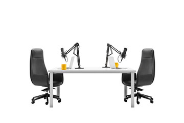 Two podcast microphones with laptops and coffee mugs on a white desk, ergonomic office chairs, minimalistic style, isolated on white background, 3D Rendering