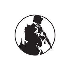 Monochrome Military Warrior Holding Gun Logo Illustration - Vector Illustration