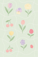パステルグリーンに花と果実のパターン背景ーチューリップやパンジー、ラナンキュラス、さくらんぼをやわらかに配置。春らしい色。Webバナーや包装紙、壁紙、SNS背景に最適。文字入れ余白あり。