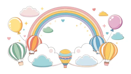 Fotobehang Luchtballon Vector art of whimsical pastel rainbow with hot air balloons and clouds, isolated on white background  © Design one