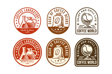 Coffee shop retro logo set. Artisanal coffee cafes vintage emblem logo graphic collections. Sack of coffee beans, Coffee laboratory and Globe. Vector Illustration