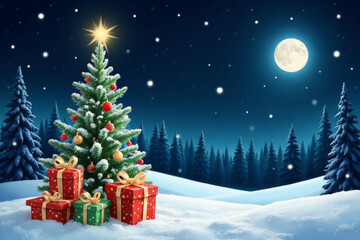 Obraz premium Christmas Tree And Gift Boxes On Snow In Night With Shiny Star and Forest - Winter Abstract Landscape