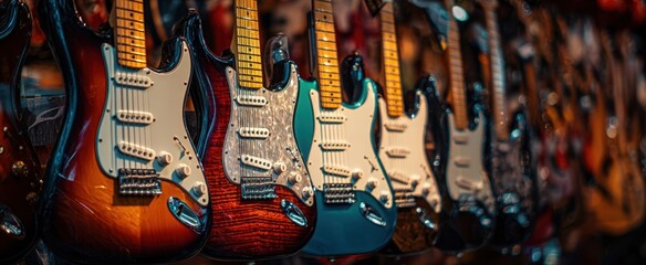 The colorful display of electric guitars showcasing artistic craftsmanship and musical passion