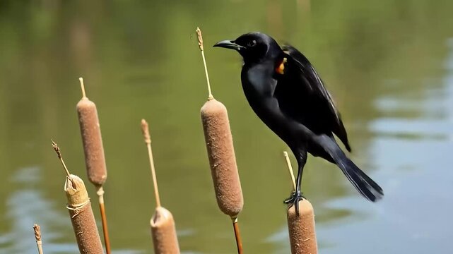 Dynamic blackbird perched on cattail reeds near calm water, nature wildlife scene