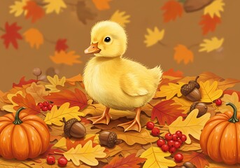 Autumn Delight A Tiny Duckling Amidst Falls Bounty