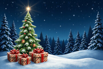Obraz premium Christmas Tree And Gift Boxes On Snow In Night With Shiny Star and Forest - Winter Abstract Landscape