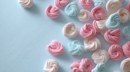 Delightful flat lay of fluffy spun sugar clouds in baby pink and mint green on a pastel peach background with ample copy space, evoking sweetness and softness