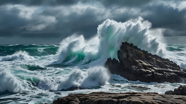 Powerful ocean waves hitting jagged rocks on the coast, white foam and spray, cloudy dramatic sky