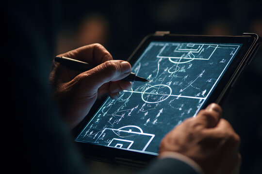 The coach demonstrates soccer drills on a tablet while the team prepares for practice. The scene emphasizes tactical training and team organization for the session.