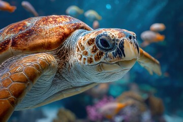 Fototapeta premium Sea turtle in the ocean surrounded by colorful corall reefs and fish. Generative Ai