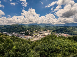Gatlinburg Tennessee nestled in a valley in the Great Smoky Mountains