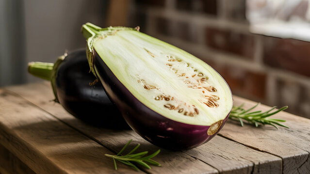 Fresh Bringle on Wooden Table &ndash; Organic Garden Harvest - Fresh Eggplant Vegetable
