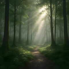 Obraz premium Sun Rays Illuminating a Path Through a Misty Green Forest